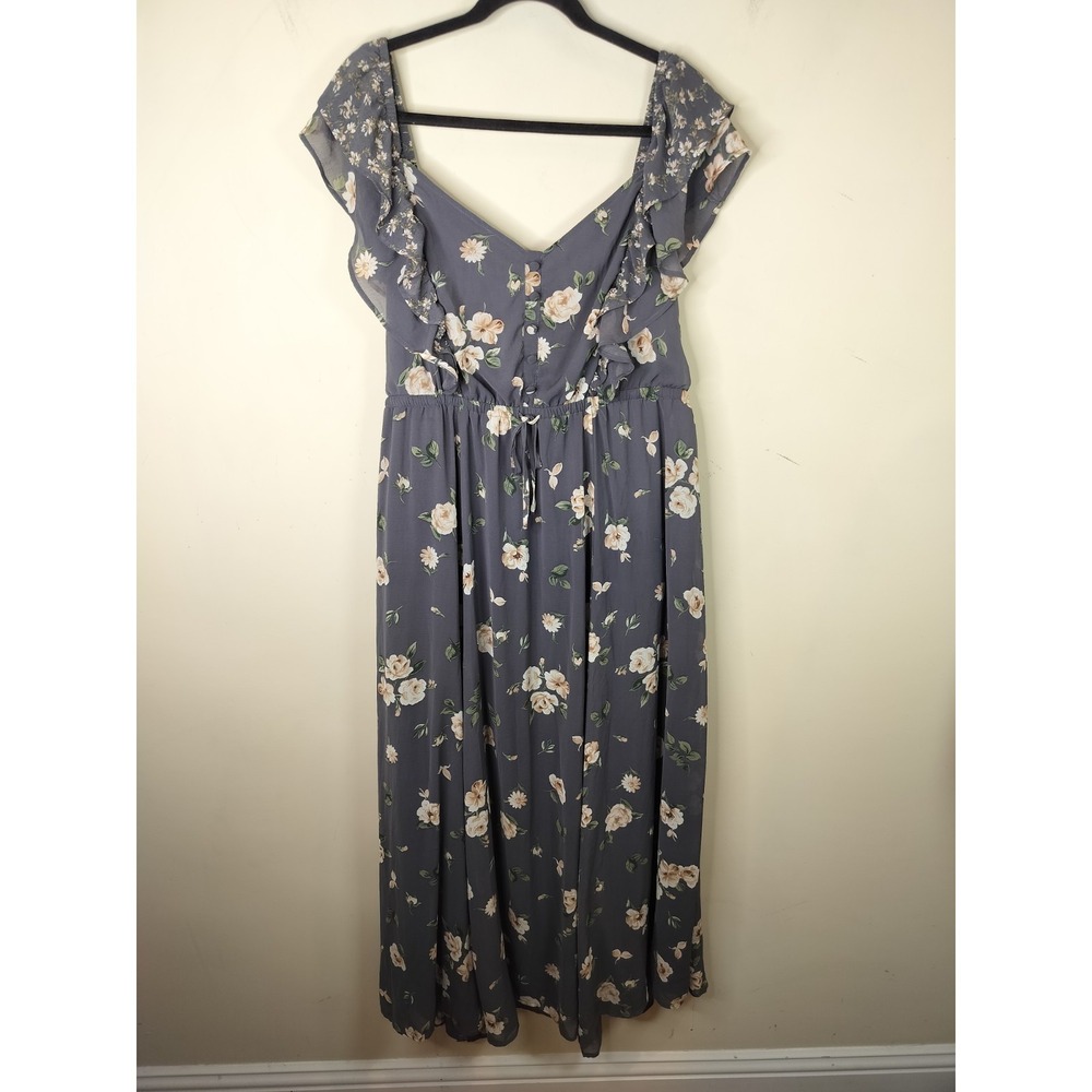 Torrid Gray Floral Chiffon Maxi Dress Ruffled Flutter Sleeve - Picture 2 of 12